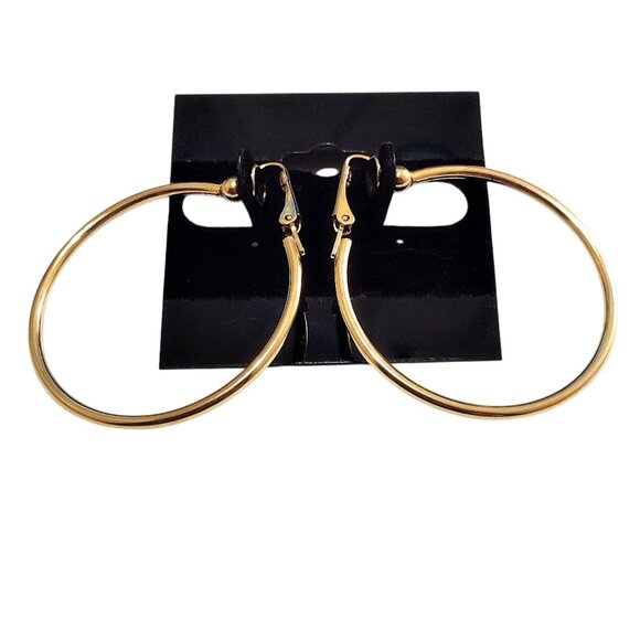 1 5/8" Plain Hoops Clip On Earrings 41mm Gold Plated 2mm Tube Round Smooth - Picture 4 of 5